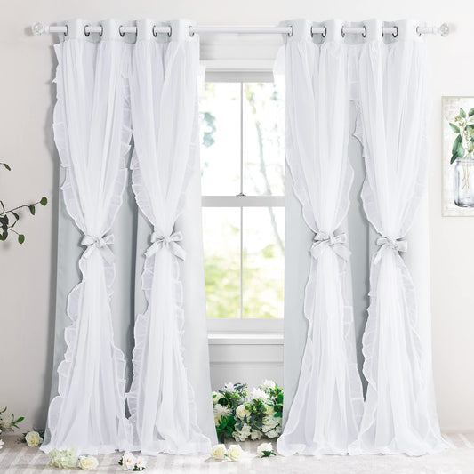 PONY DANCE Shabby Chic Curtains for Bedroom Double Layer White Ruffle Sheer Overlay with Tiebacks French Country Drapes for Bedroom Decor, 52" W x 84" L, Greyish White, 2 Pieces