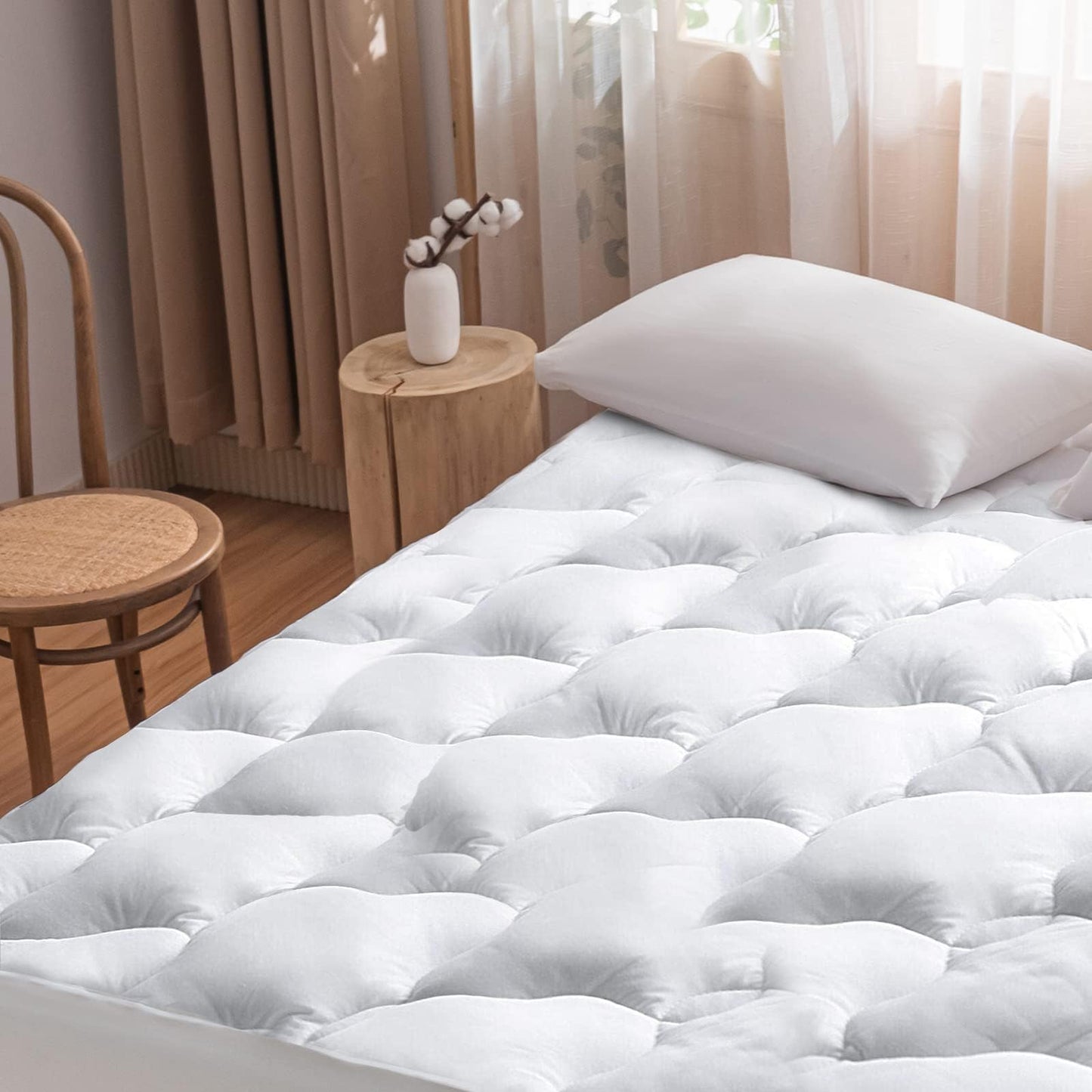 WhatsBedding Waterproof Mattress Pad Queen Size Cotton Top Down Alternative Filling Pillowtop Mattress Topper Cover-Fitted Quilted (Queen Mattress Pad)