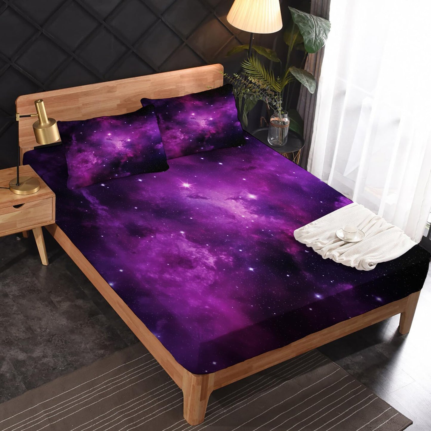 zcsm Galaxy Sheets King Sheet Sets - Purple Bed Sheets, Soft Microfiber & Deep Pocket & Wrinkle Free Patterned Bedding Sheets & Pillowcases, 4 Piece (1 Fitted Sheet, 1 Flat Sheet, 2 Pillow Cases)