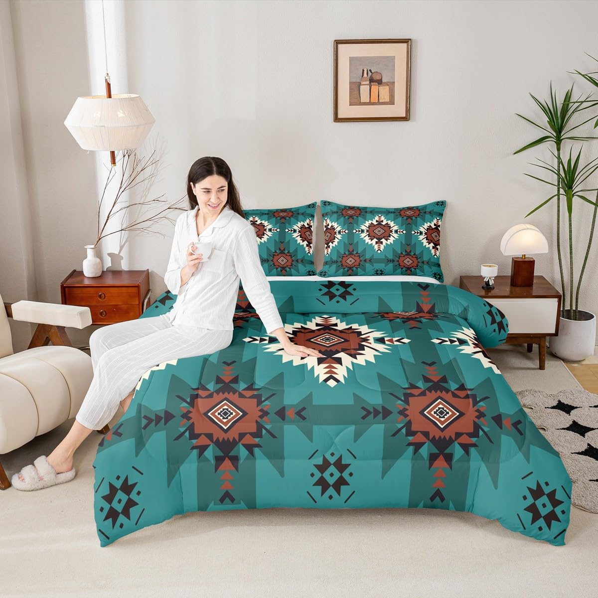 jejeloiu Native American Comforter Set Queen Size Western Aztec Bedding Set for Kids Boys Girls Boho Duvet Quilt Geometric Bedroom Decor Microfiber 3 Pcs with 2 Pillow Cases