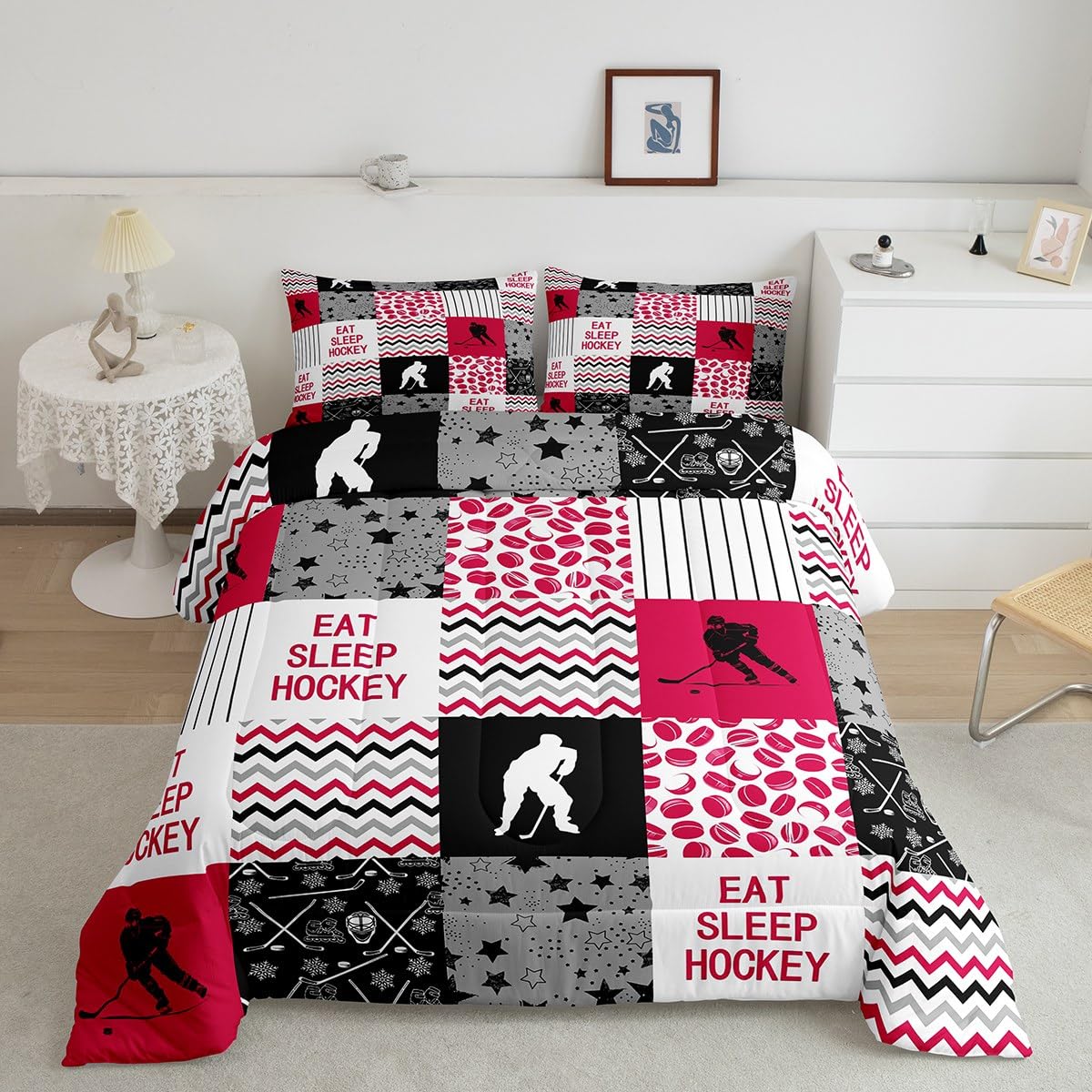 Erosebridal Ice Hockey Down Comforter, Hockey Player Comforter Set Full for Teens Kids Boys Men, Geometric Plaid Grid Bedding Set Sports Games Duvet Sets with 2 Pillow Cases, Black White and Red