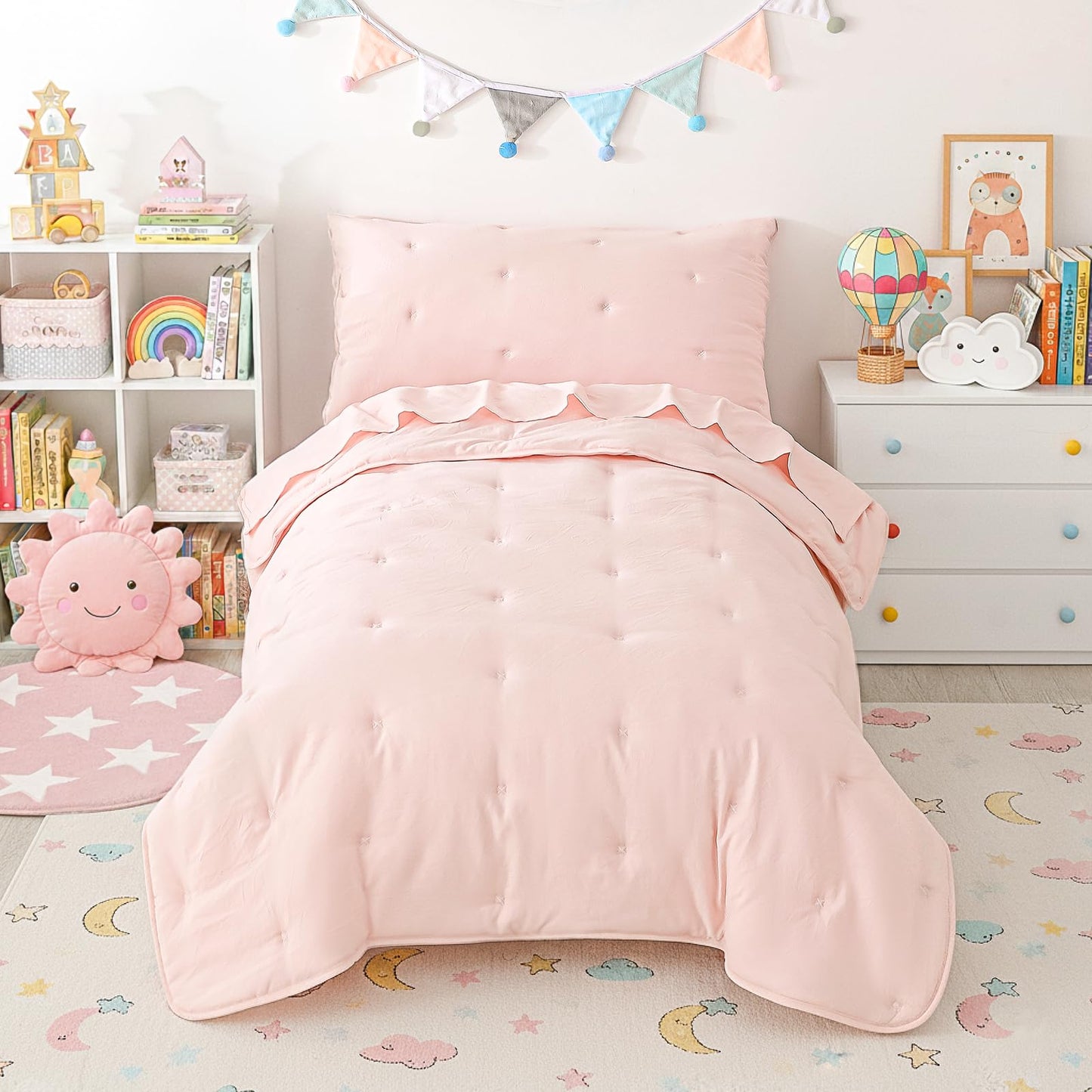 DreLunis Pink Toddler Bedding Sets for Girls, 4 Pieces Bed-in-a-Bag for Toddler Girl, Soft Microfiber Lightweight Breathable Toddler Bed Comforter with Flat Sheet, Fitted Sheet, Envelope Pillowcase