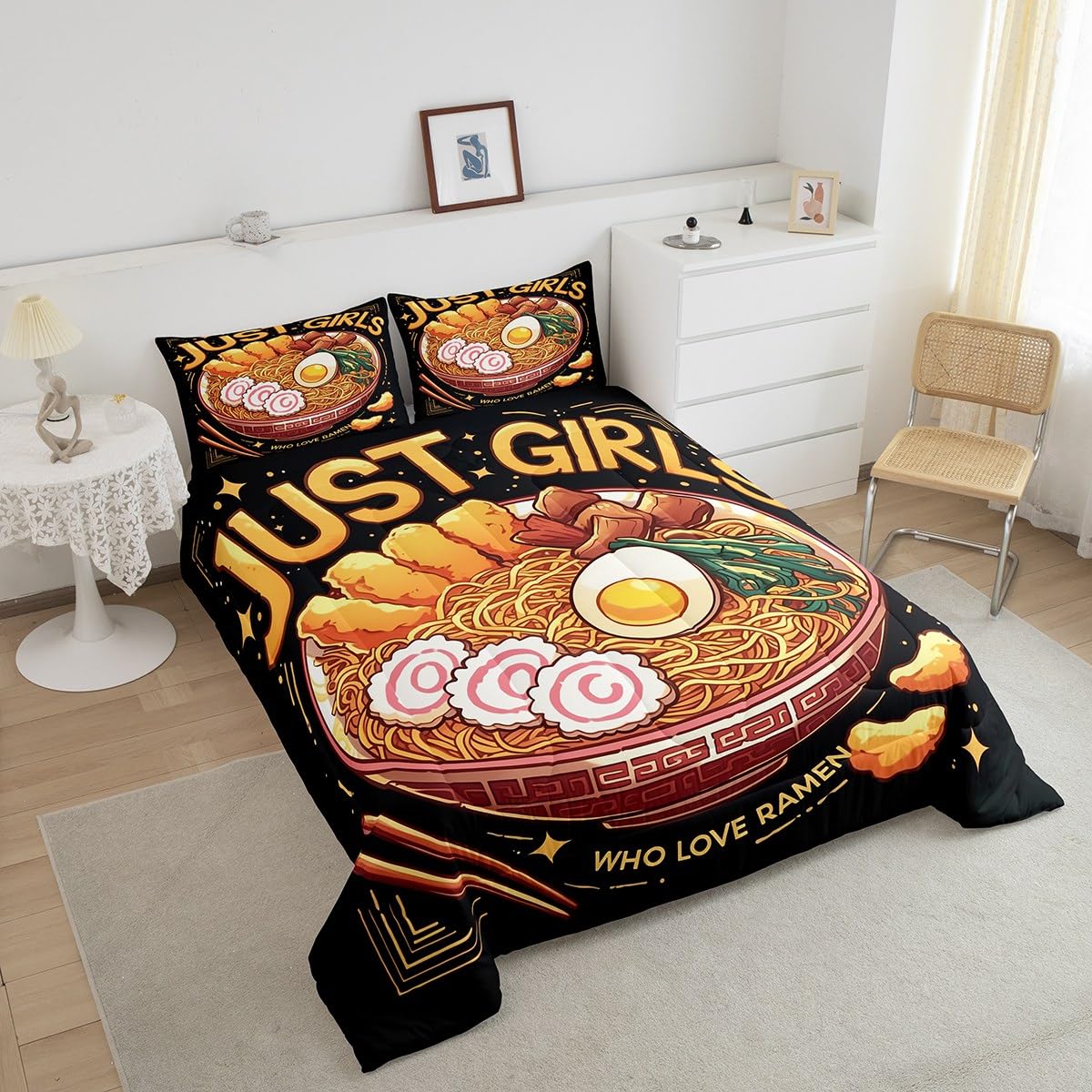 Erosebridal Japanese Ramen Bedding Set Queen,Ramen Noodle Comforter Set Funny Gifts for Kids Teens Adults,Anime Style Quilt Bed Set Food Theme Bedding Comforter Sets with 2 Pillowcases Room Decor