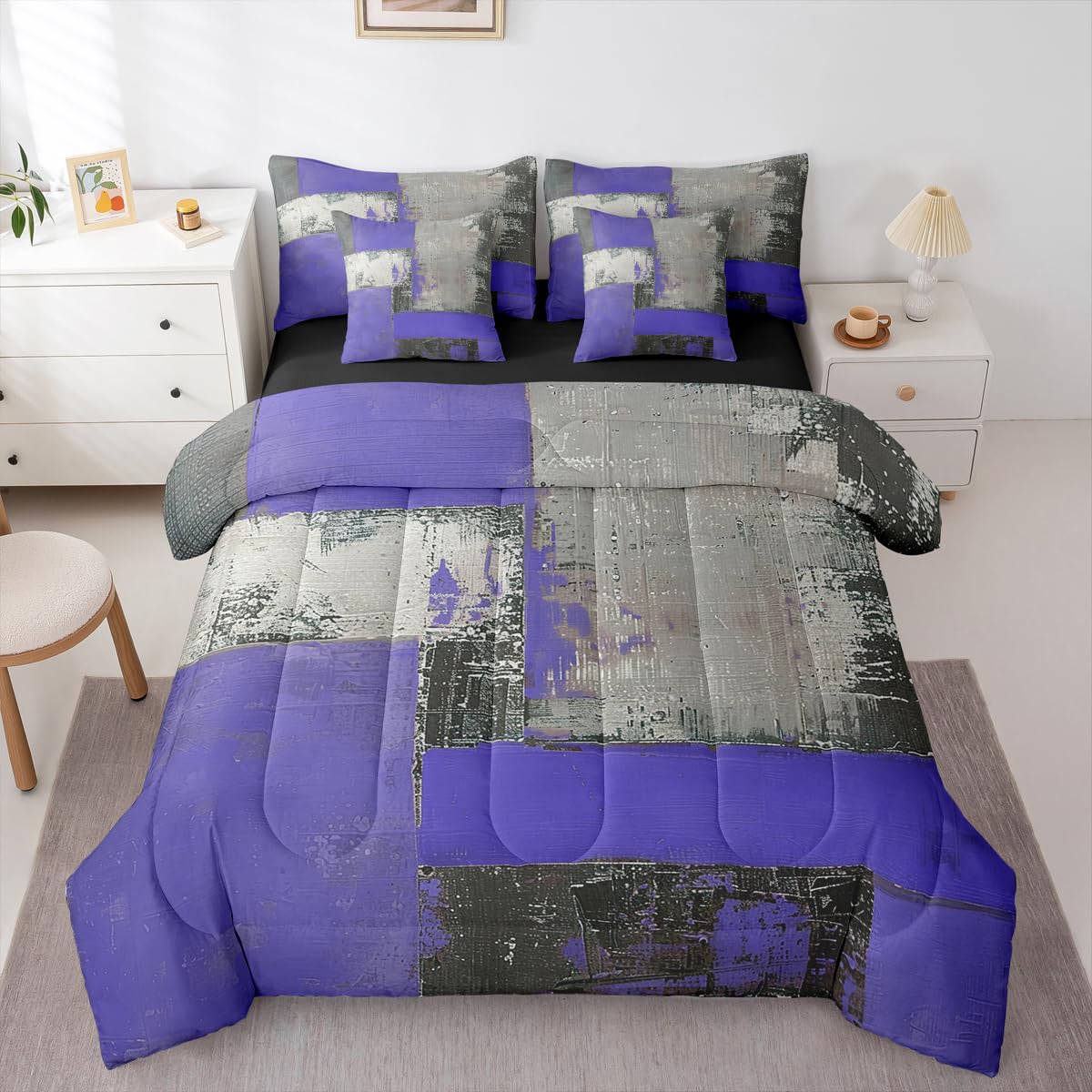 Feelyou Abstract Comforter Set King Size 7 Pieces Modern Abstract Art Bedding Set Luxury Bed in a Bag with Comforter, Sheets, Pillowcases, Cushion Covers Geometric Bedroom Decor Gray Purple