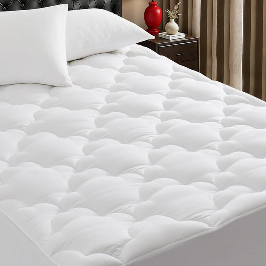 WQSPRING Supportive Quilted Mattress Pad Pillow Top Mattress Cover Protector Cooling Soft for Breathable Padded Fitted 8"-21" Deep Pocket (White,Full Size)