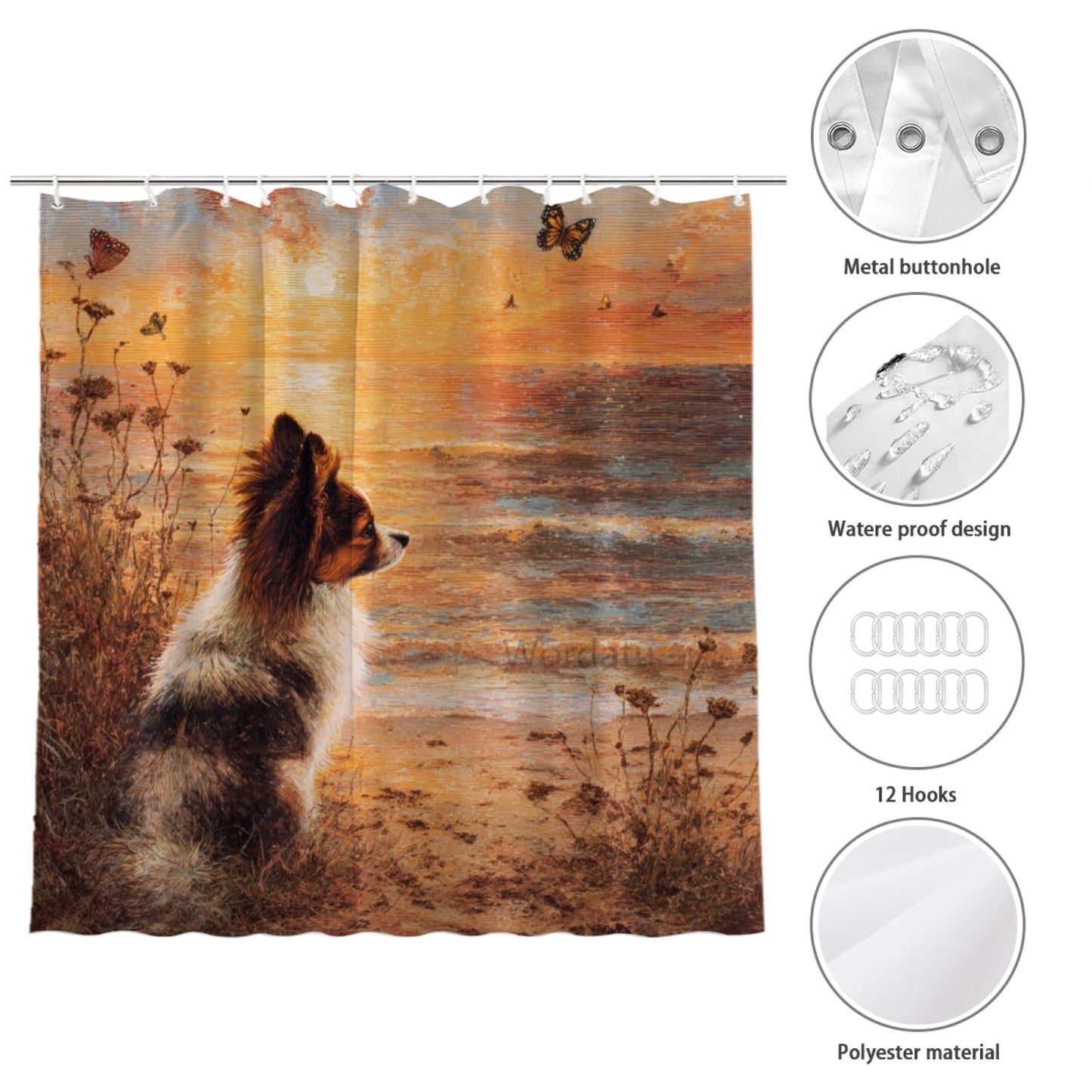 Wordatu Papillon Shower Curtain on Sunset Sunrise Beach Seascape Art Shower Curtain Set, Nautical Ocean Bath Accessories Coastal Seaside Bathroom Decor 72x72 Inches