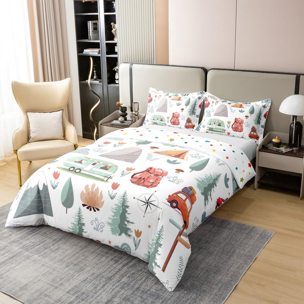 Kids Camper Theme 100% Cotton Duvet Cover Twin, Happy Camping Bedding Set, Travel Car Rv Accessories Comforter Cover, Botanical Flowers Mountain Adventure Quilt Cover, Cute Camper Bedspread Cover