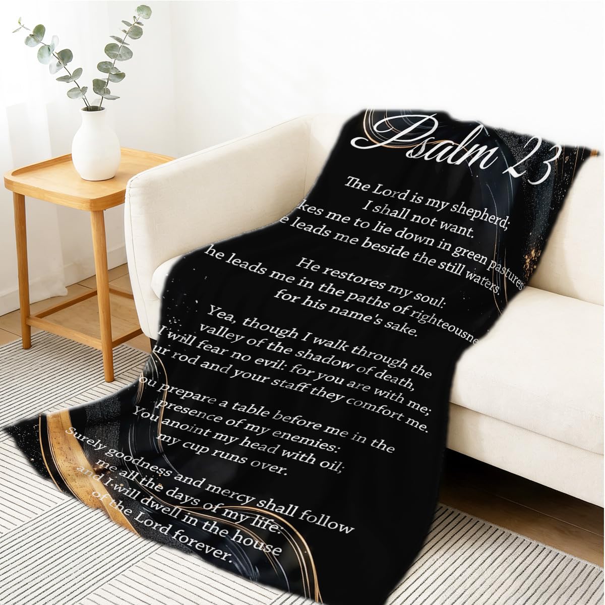 HUNXIAOJ Psalm 23 Blankets and Throws Bible Verse Christian Throw Black Gold Flannel Blanket Inspirational Gifts Christian Decor for Bed Couch Home 49"x59"