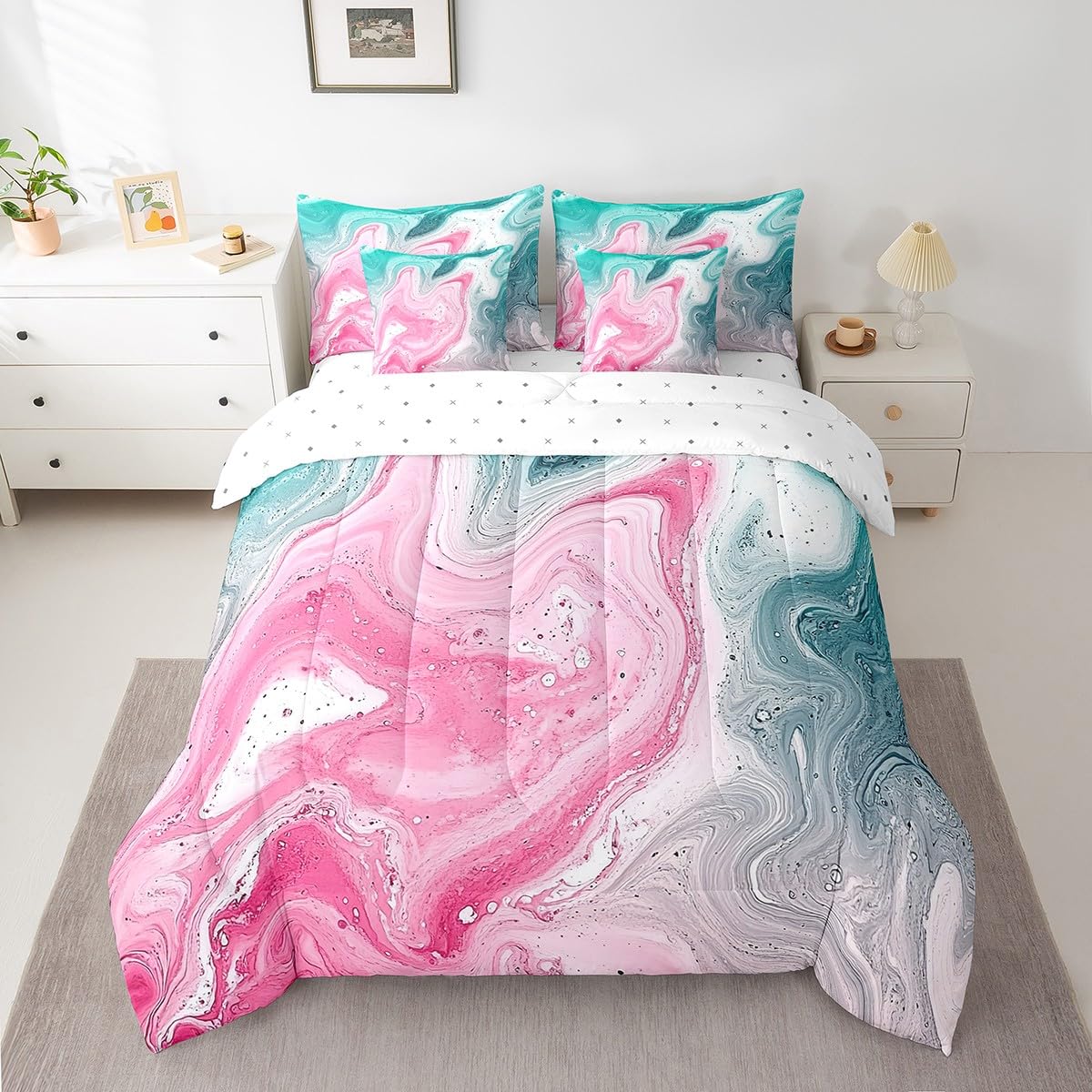 Erosebridal Marble Bed in A Bag with Sheets,Abstract Abstract Fluid Bedding Set Pink Green Gradient Twin Comforter Set 7 Piece for Kids Teen Adults,Marbling Sheet Set with Comforter