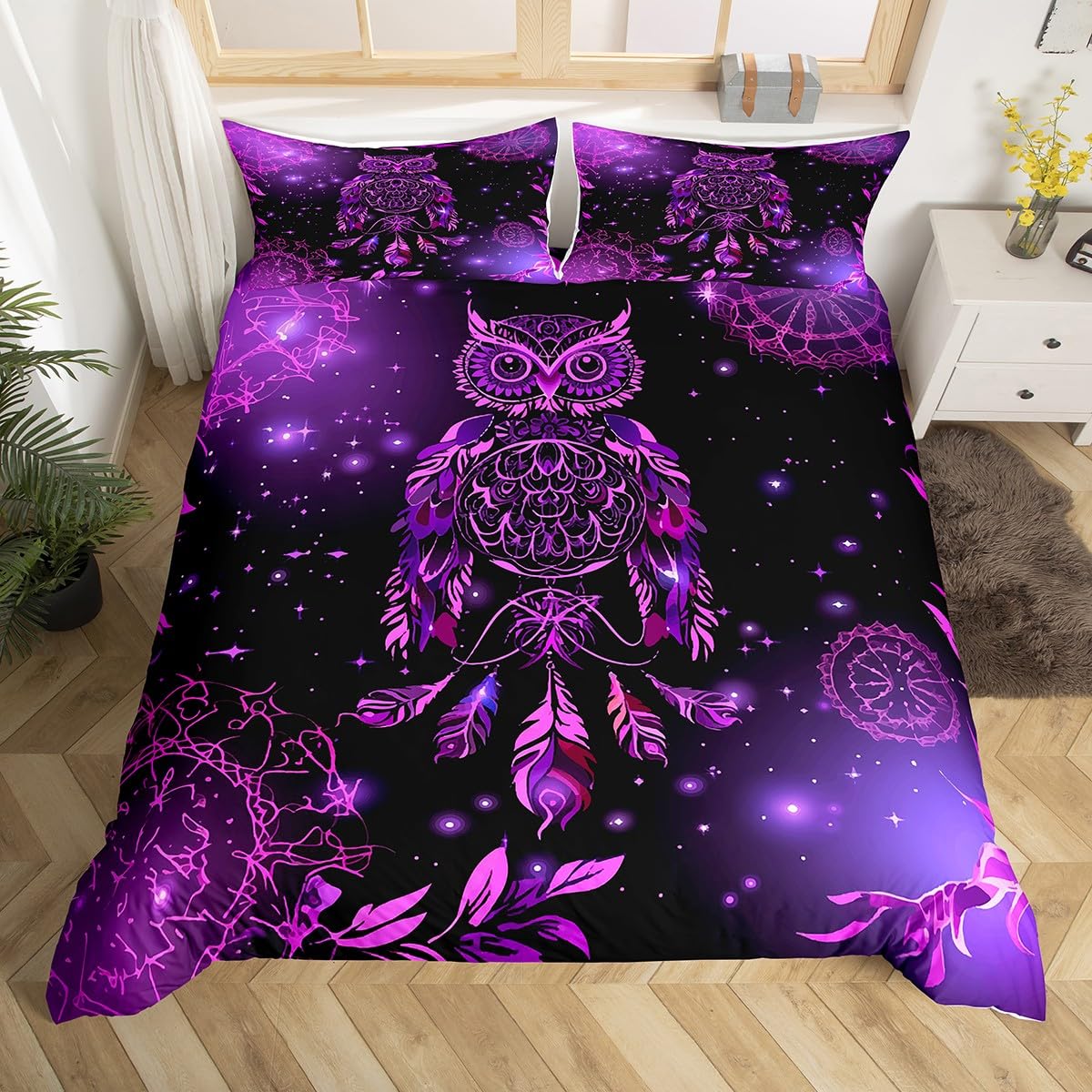 Dreamcatcher Duvet Cover Girls Boho Dream Catcher Owl Bedding Set Bohemian Exotic Mandala Comforter Cover for Kids Women Room Decor Chic Purple Galaxy Bedspread Cover Queen Size With 2 Pillow Case