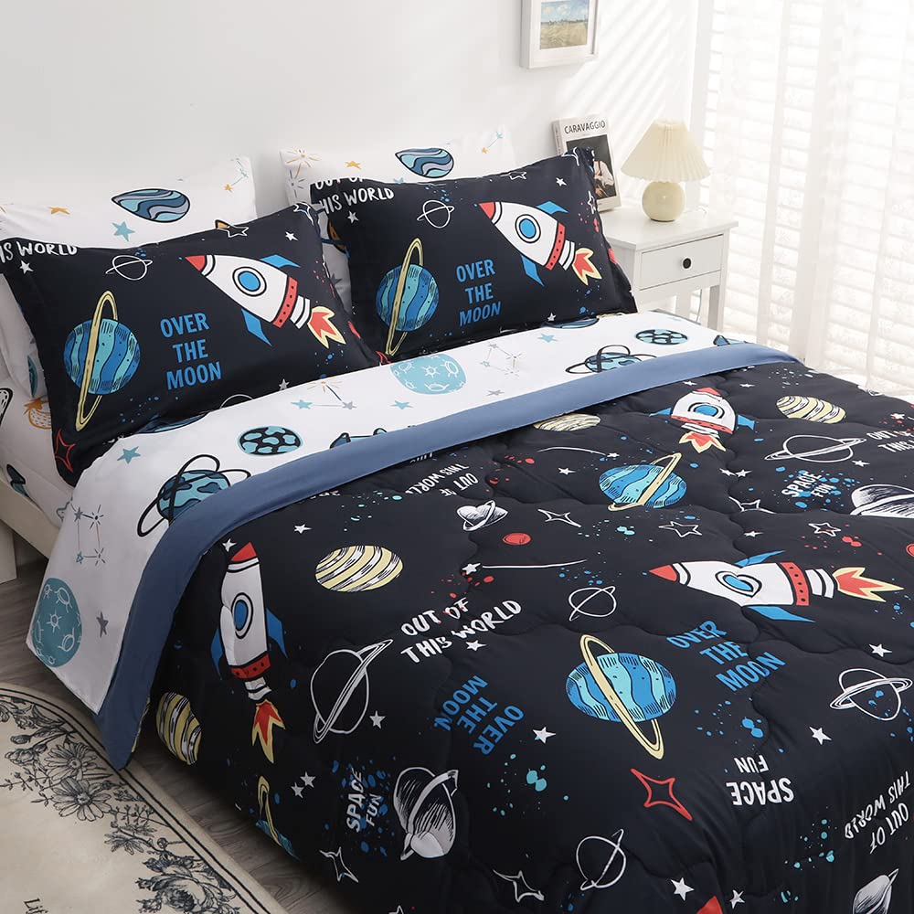 Wajade Kids Space Comforter Set Bed in A Bag Queen Size 7 Piece 3D Space Rocket Planets Bedding Set for Teens Boys Girls (1 Comforter, 1 Flat Sheet, 1 Fitted Sheet, 2 Pillowcase and 2 Pillow Sham)