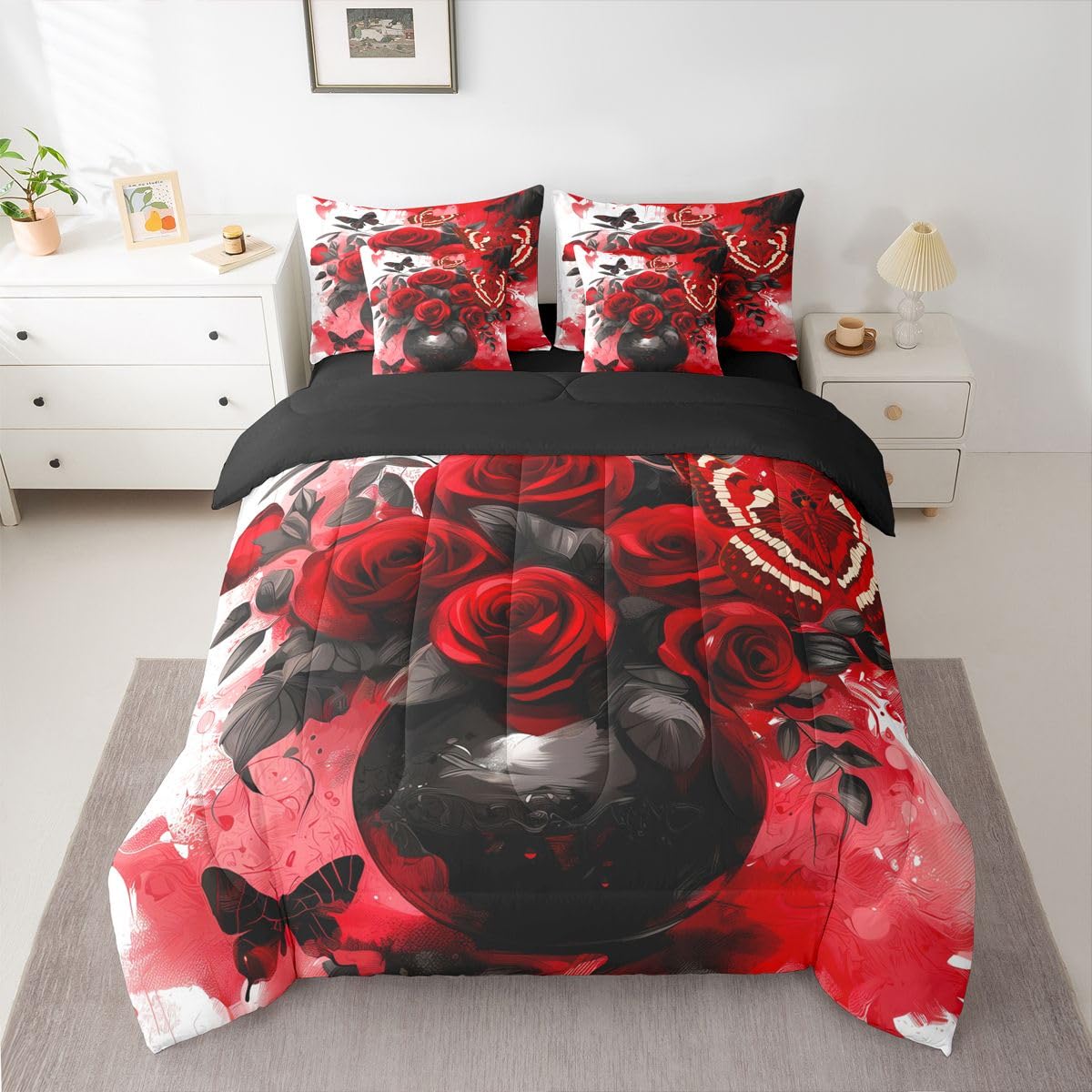 Erosebridal Red Rose Queen Comforter Set with Sheets 7 Piece Grey Retro Couple Rose Bed in A Bag Valentine Day Gift Bedding Sets for Women Men Adults,Romantic Floral Butterfly Bed Set