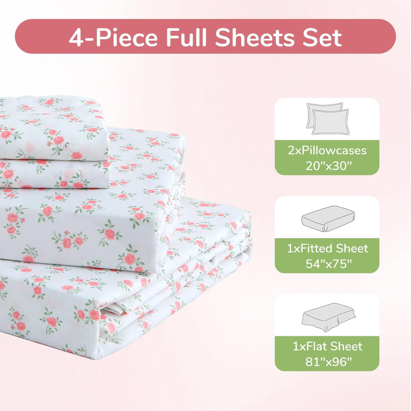 MUXHOMO Full Size 4 Piece Sheet Set, Soft Breathable Bed Sheet Set for Bedroom with Deep Pocket Up to 16", Wrinkle-Free & Cooling Bedding for Oeko-TEX Certified - Floral Pink