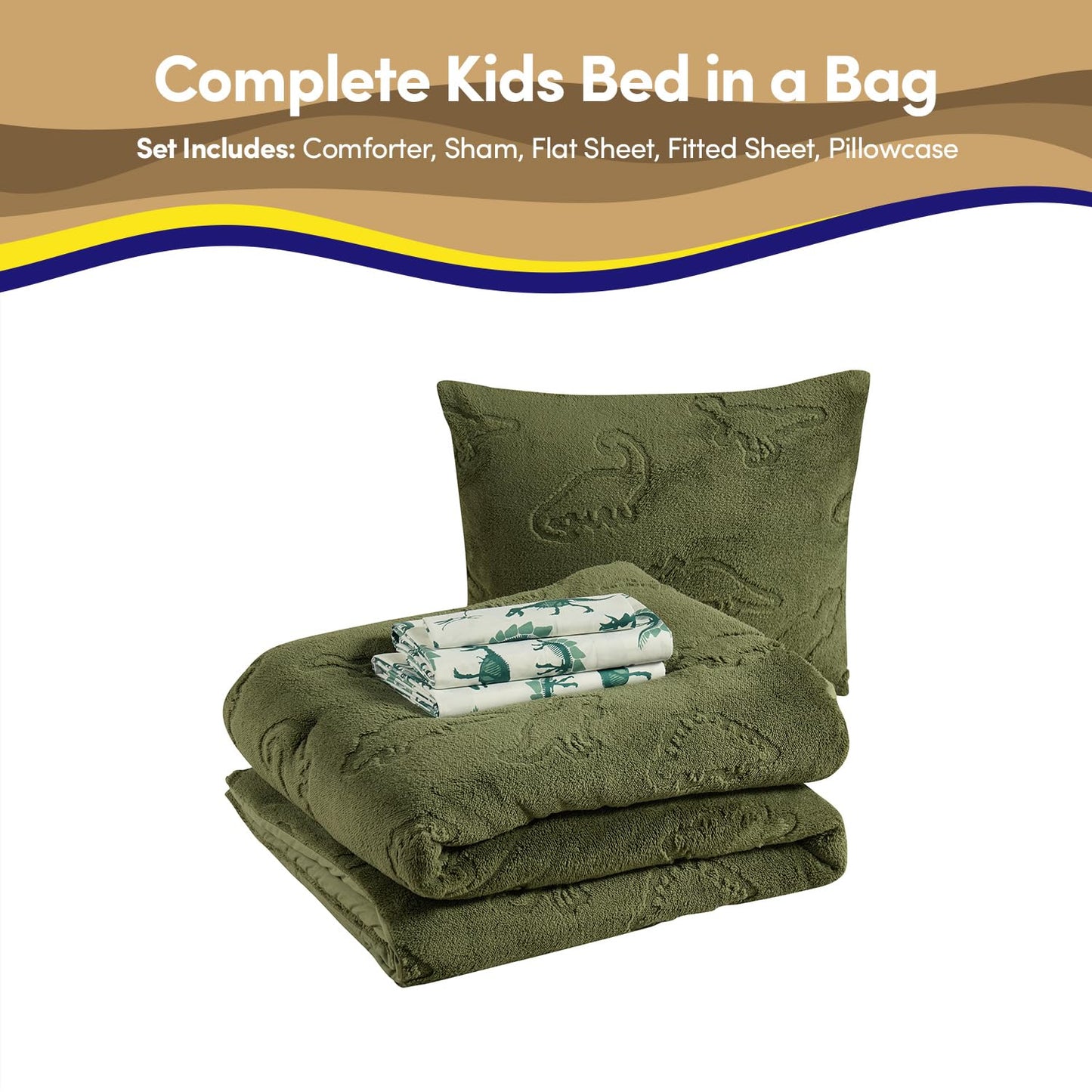 Twin Size Kids Comforter Set - Dinosaur Embossed Bedding Set Bed in a Bag for Boys and Girls Toddlers Sheet Set and Comforter, Dinosaur Embossed