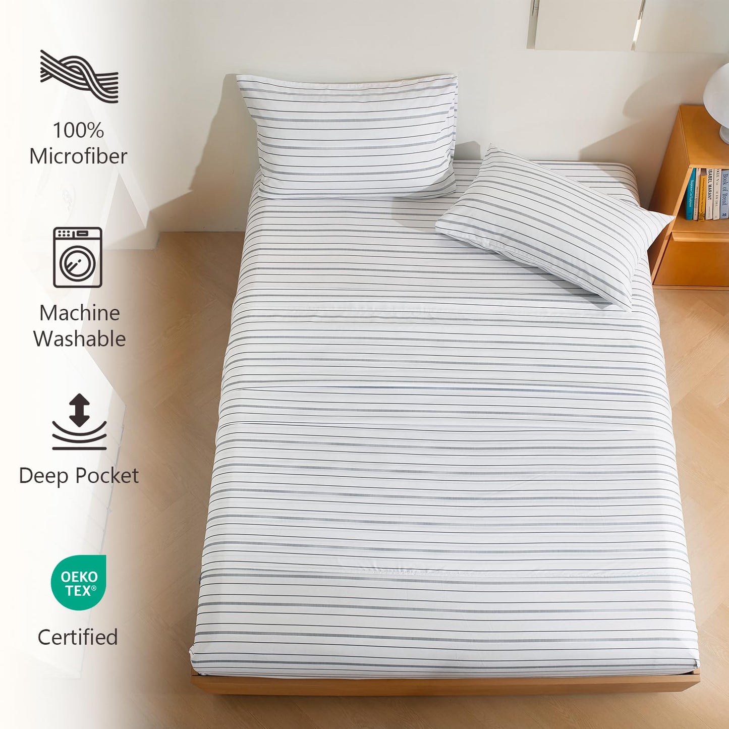 MCO 4Pieces Striped Sheets Set, Breathable King Sheet Set with 16" Deep Pocket,Modern & Luxury, Brushed Microfiber Bedding Set(King, White)