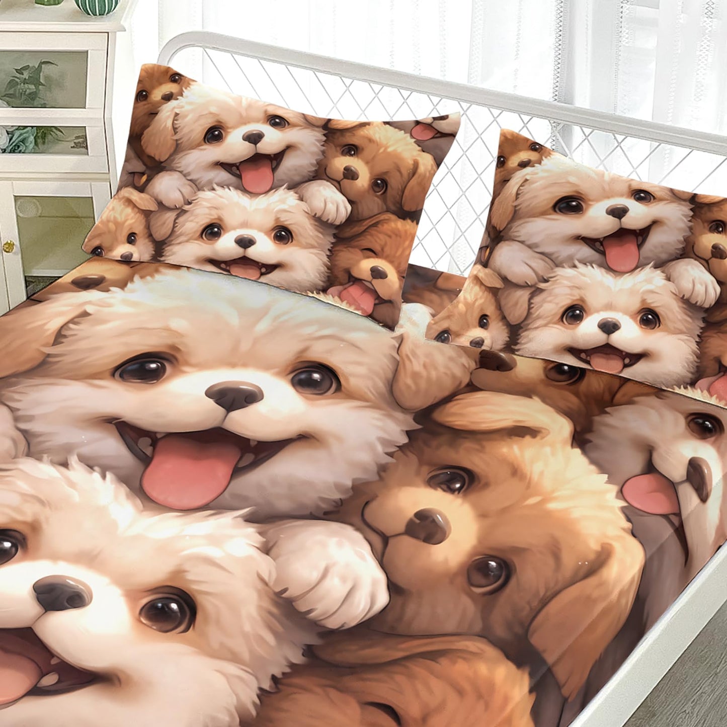 AILONEN Cartoon Cute Puppy Fitted Sheet Set,Dog Animal Design Bedding Set for Kids,Girls,Boys Twin Size,3-Piece,1 Sheet Set + 2 Pillowcases