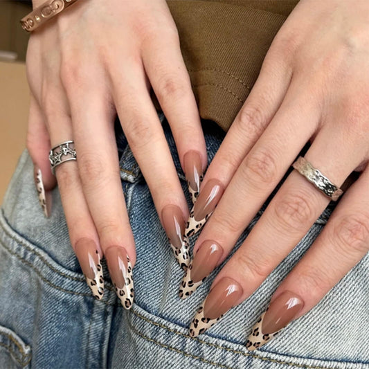 Mivota Leopard French Press On Nails 24pcs, Medium Stiletto Nude Fake Nails with Leopard Print Tips, Glossy Acrylic False Nails, Reusable Stick On Nails Kit for Women Girls Manicure