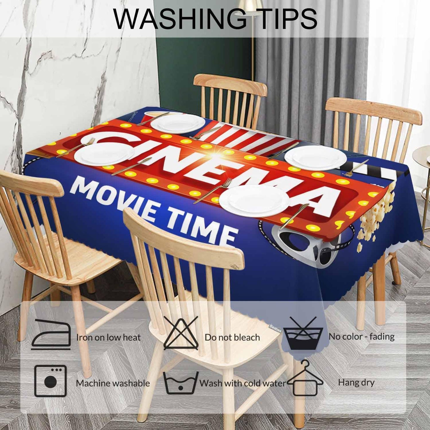Beabes 52x70 Inch Tablecloth Cinema, Movie Time Popcorn Clapping Board Non-Fading Table Covers Kitchen Dinning Tabletop Decoration, Blue Washable Table Cloth for Outdoor and Indoor Use