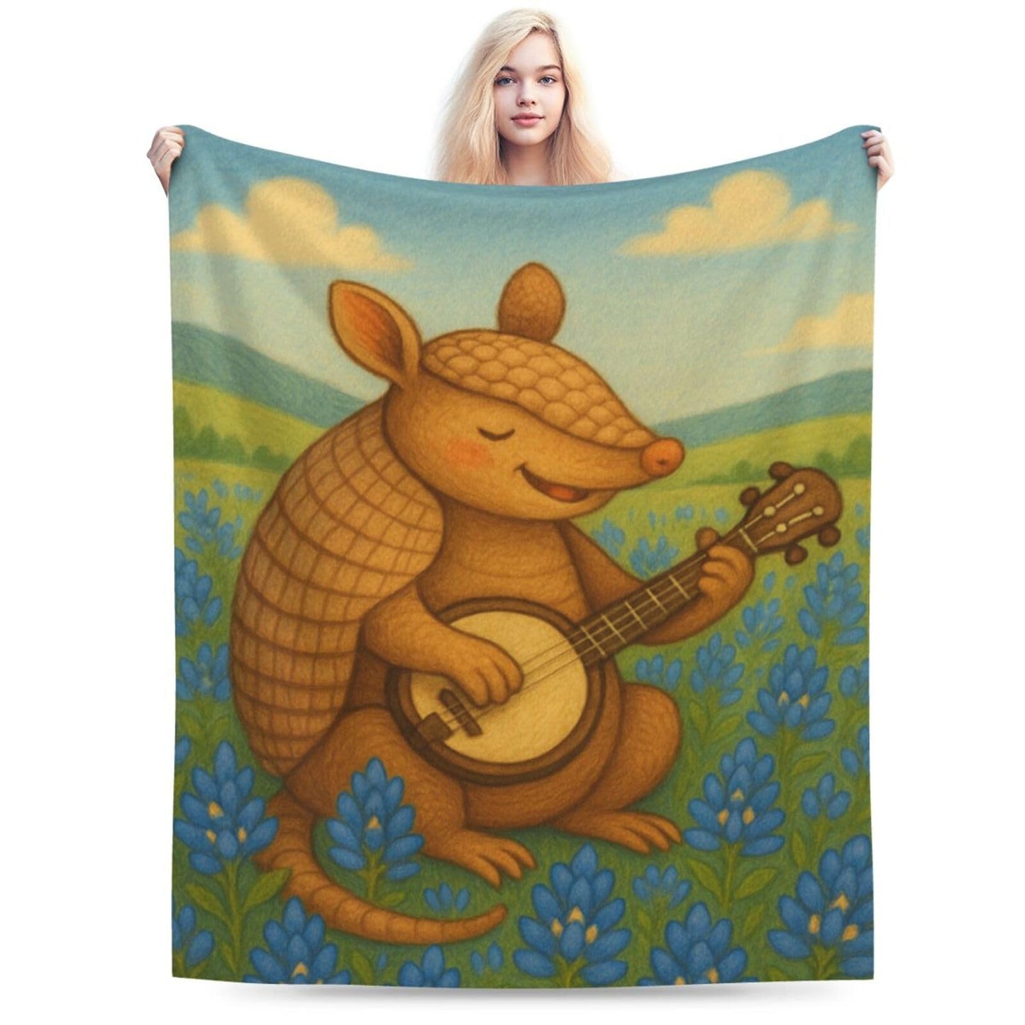 Qycazzw Armadillo Playing Banjo Blanket Gifts for Women Kids, Cute Country Music Theme Flannel Blankets, Warm Cozy Soft Throw for Bedroom, Camping, Couch, Decor 50x60 in