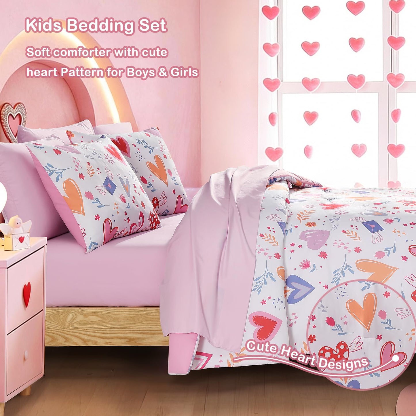 Kaleido Space Twin Comforter Set for Girls Kids - 5 Pieces Heart Twin Bedding Sets for Girls Teen, Soft Cozy Bed in A Bag with Sheets