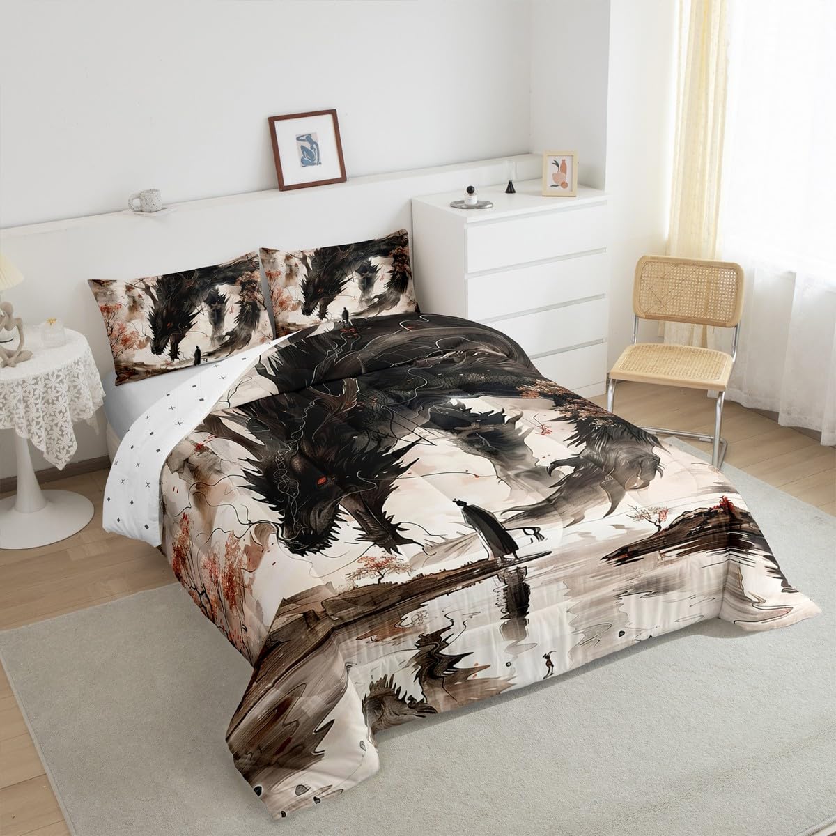 Feelyou Dragon Comforter Set King Size Japanese Style Comforter for Boys Girls Teens Samurai Bedding Set Japanese Ukiyoe Duvet Set Room Decor Black Beige Quilt Set