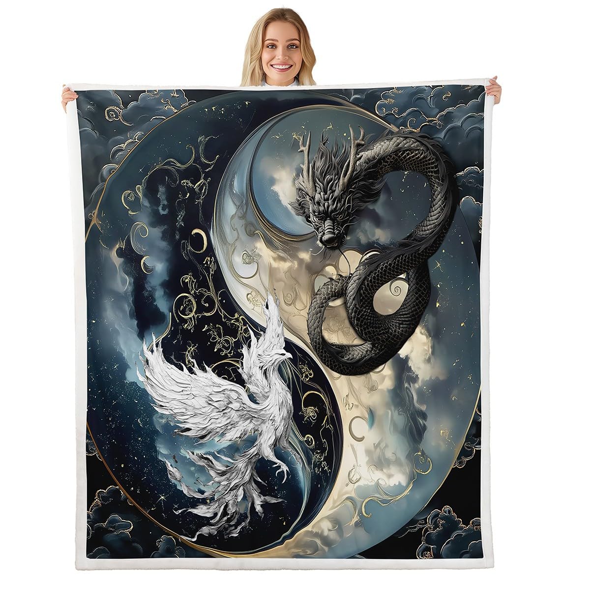 Erosebridal Dragon Sherpa Blanket Japanese Ukiyoe Throw Blanket Exotic Animal Baby 30"X40" Ancient Loong Phoenix Fleece Blanket for Boys Teen Bedroom, Yin Yang Fuzzy Blanket Bed Couch