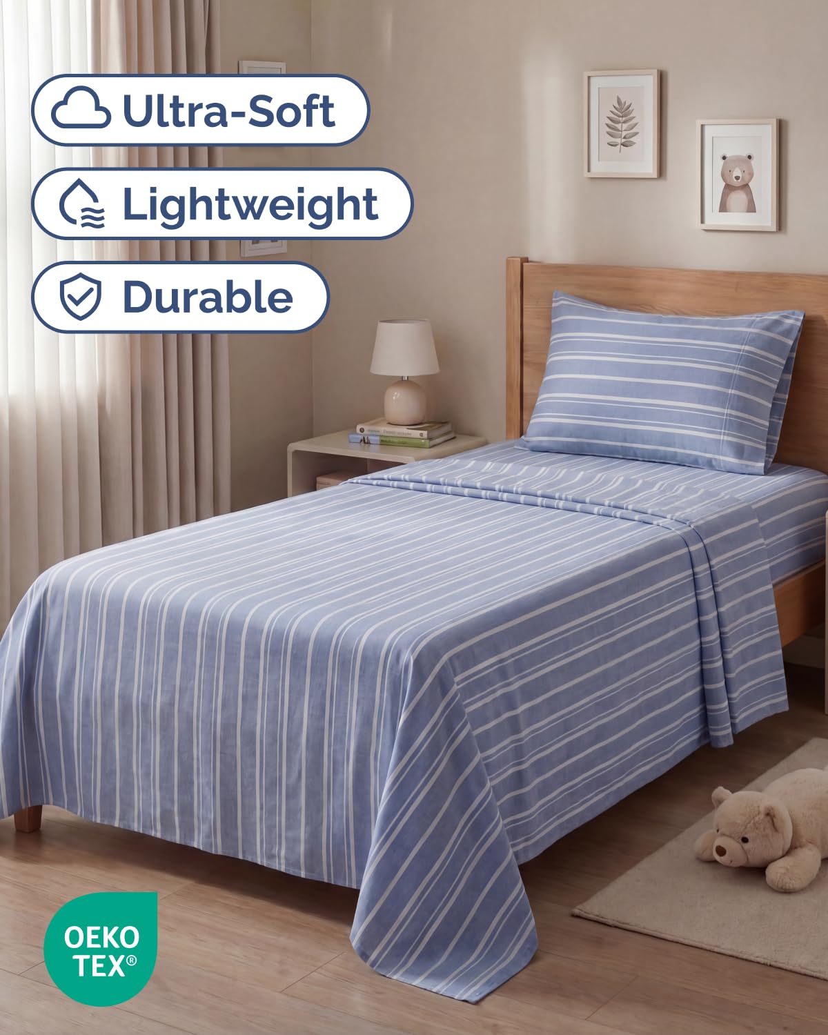 Twin Size 3 Piece Sheet Set - Comfy Breathable & Cooling Sheets - Hotel Luxury Bed Sheets for Women & Men - Deep Pockets, Easy-Fit, Soft and Wrinkle Free Sheets - Blue Stripes Oeko-Tex Bed Sheet Set
