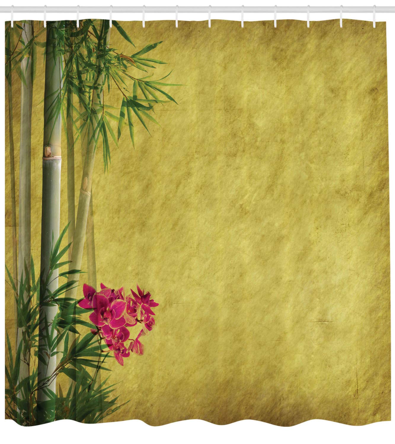 Ambesonne Asian Themed Shower Curtain, Wild Orchides Woodland Leaves on Old Antique Paper Floral Style Art, Cloth Fabric Bathroom Decor Set with Hooks, 69" W x 70" L, Yellow Green and Pink