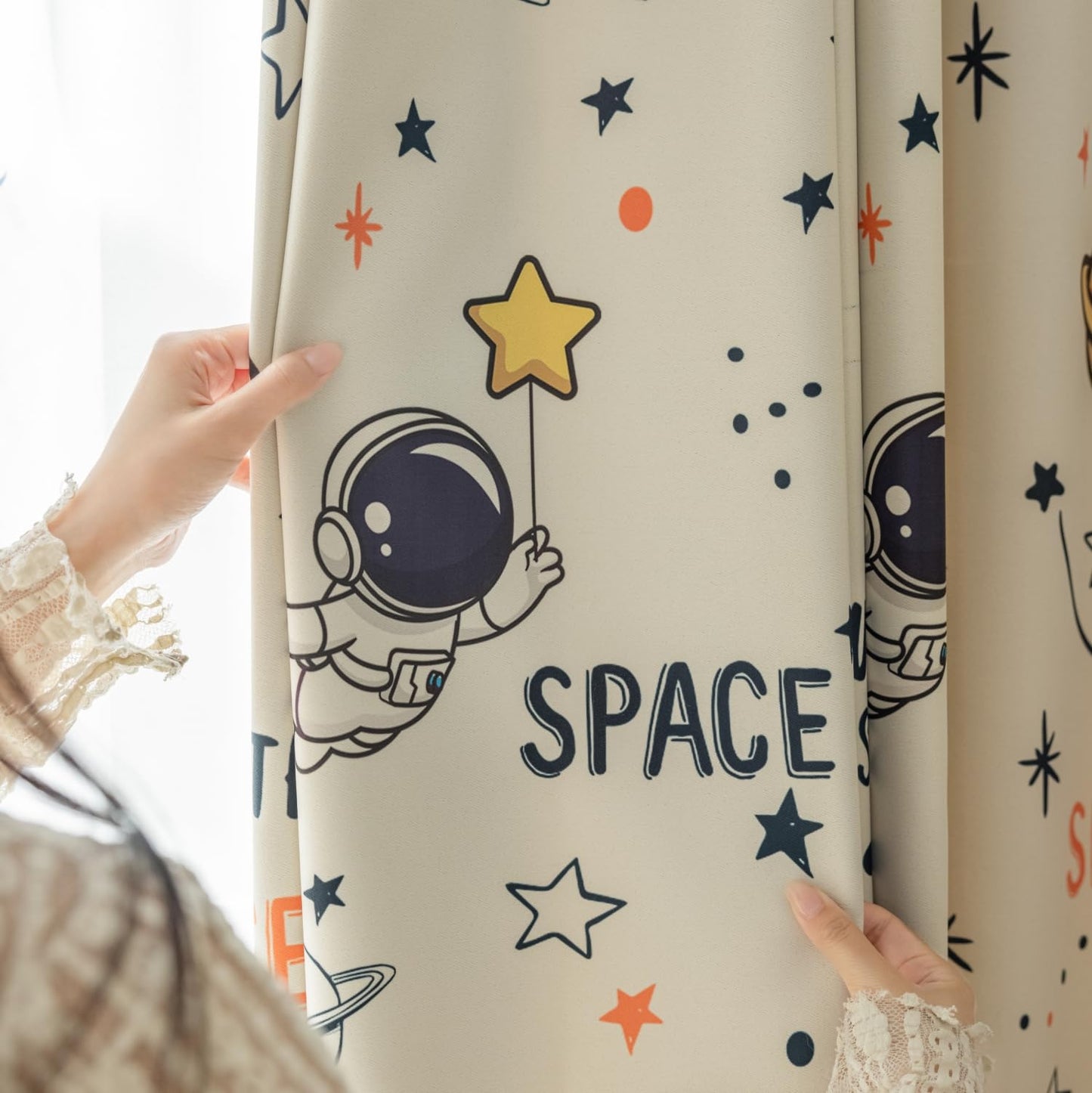 KMSG Cartoon Astronaut Theme Semi Blackout Curtains for Bedroom Living Room