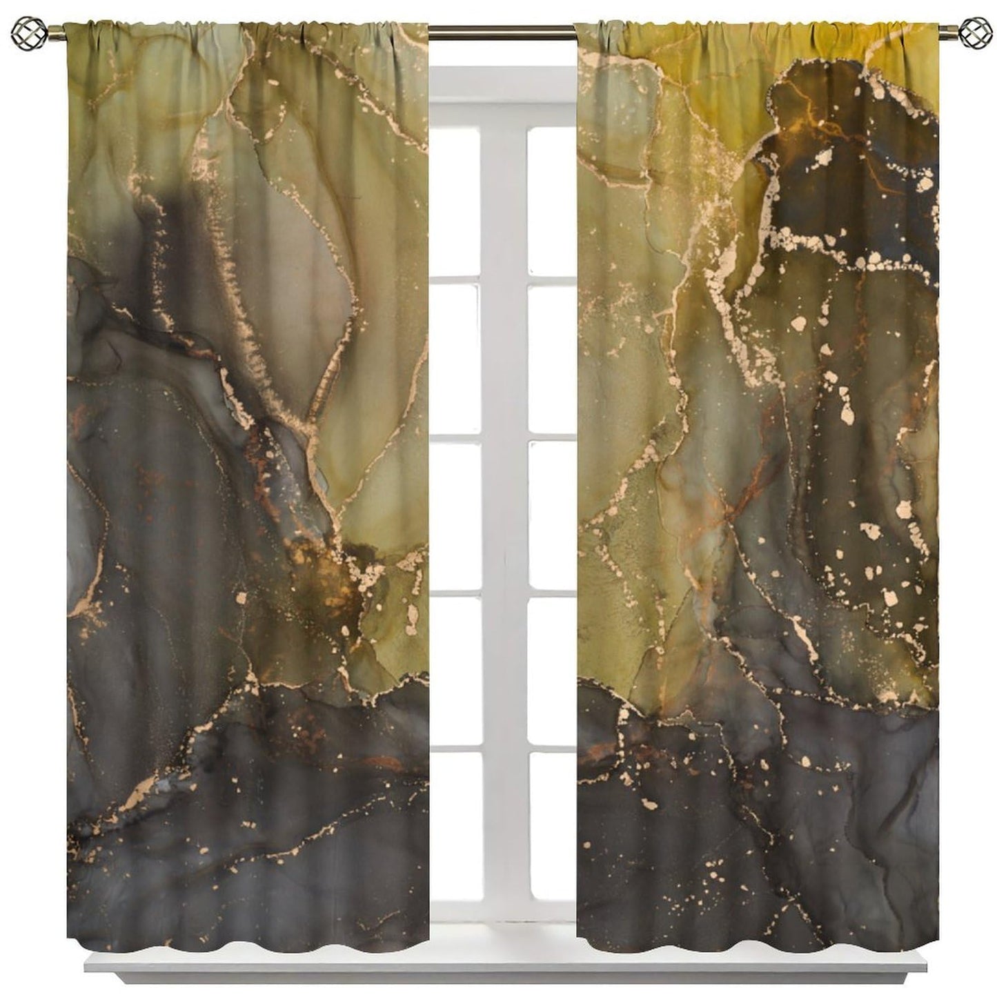 Ink Marble Kitchen Curtains Aesthetics Abstract Golden Foil Inked Textured Moss Green and Charcoal Grey Modern Rod Pocket Window Treatments for Bedroom Living Room 2 Panels Set 41" x 45"（No Blackout）