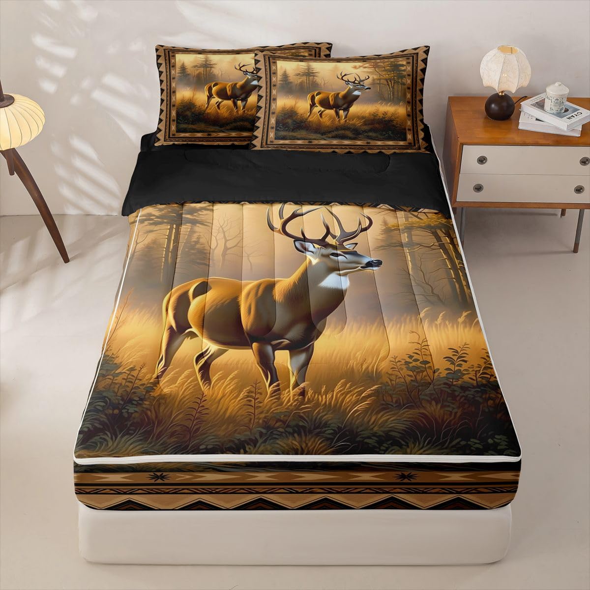 Feelyou Deer Zipper Bedding Twin Deer Hunting Zipper Bedding Sets for Kids Boys Girls Western Farmhouse Comforter Set with Fitted Sheet and 2 Pillowcases Bedroom Decor