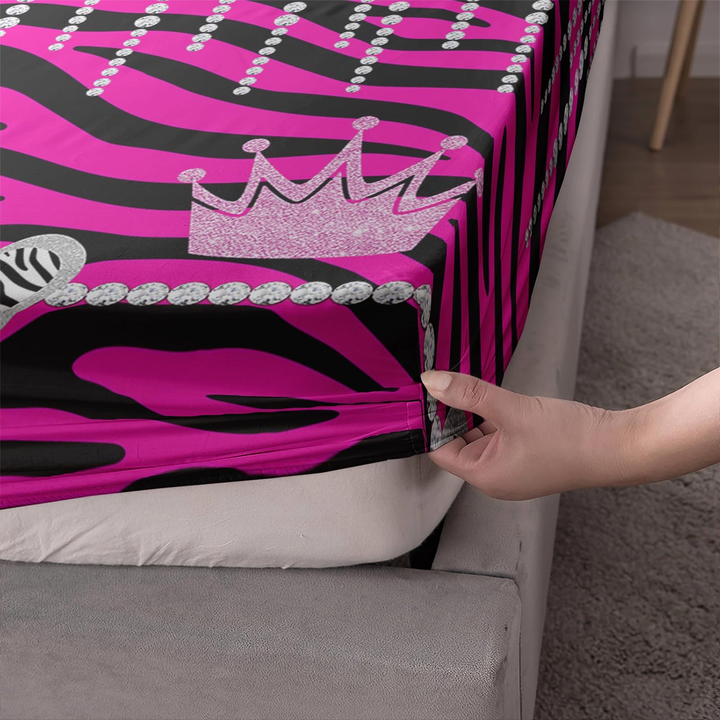 AILONEN Hot Pink Princess Fitted Sheet Twin XL Size with 2 Pillowcases,Zebra Stripes Bedding Set 3Pcs for Girls,Glitter Crown & Heart Bed Sheet Set for Home Decor