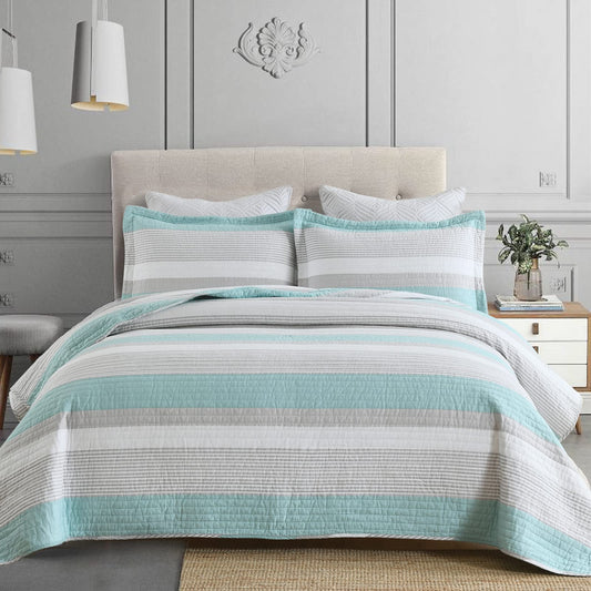 Finlonte King Quilt Striped Bedspread, 100% Cotton King Size Quilt, LightBlue Gray King Quilt Sets, Lightweight Soft King Bed Quilt for All Season