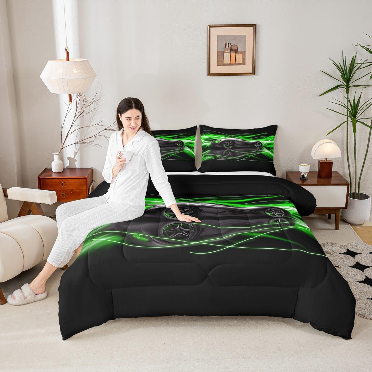 jejeloiu Kids Race Car Comforter Set Twin Size Speed Sports Car Bedding Set for Kids Boys Girls Green Duvet Quilt Automobile Bedroom Decor Microfiber 2 Pcs with 1 Pillow Cases