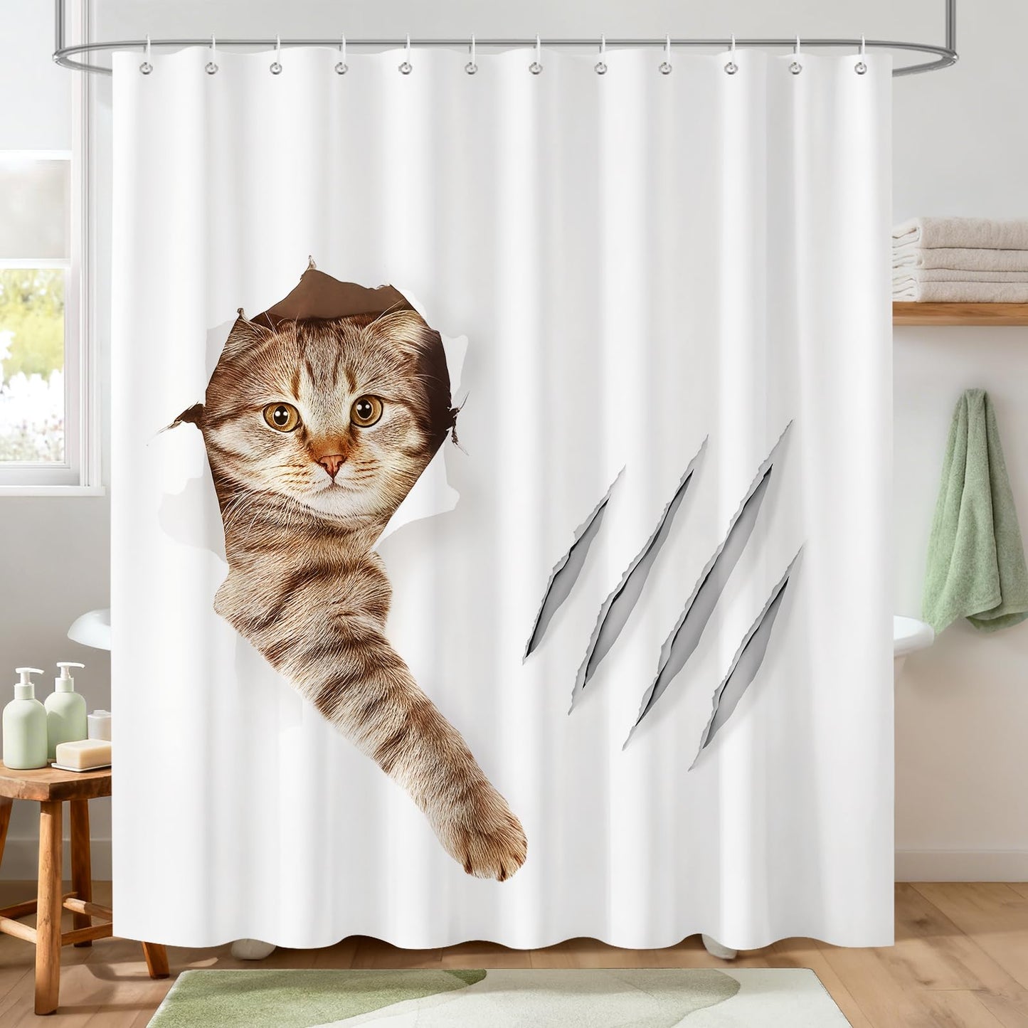 Hopomoon Funny Cat Shower Curtains 72 x 72 inch,Bathing Cat Waterproof Polyester Fabric Bathroom Curtain with 12 Hooks
