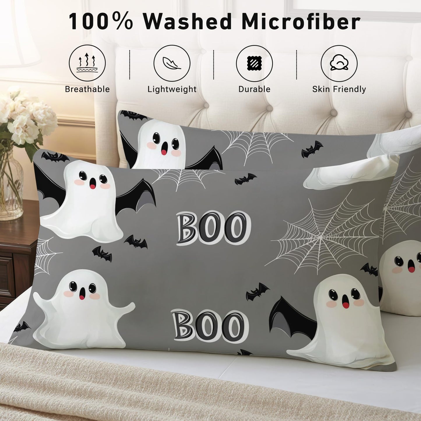 Halloween Sheets Twin Size - Gothic Spooky Ghost Spiderwebs Bed Sheet Set - Deep Pocket Soft Microfiber Bedding Set 3 Piece - Fitted Flat Sheet Pillowcase - Halloween Bedroom Decor & Gifts