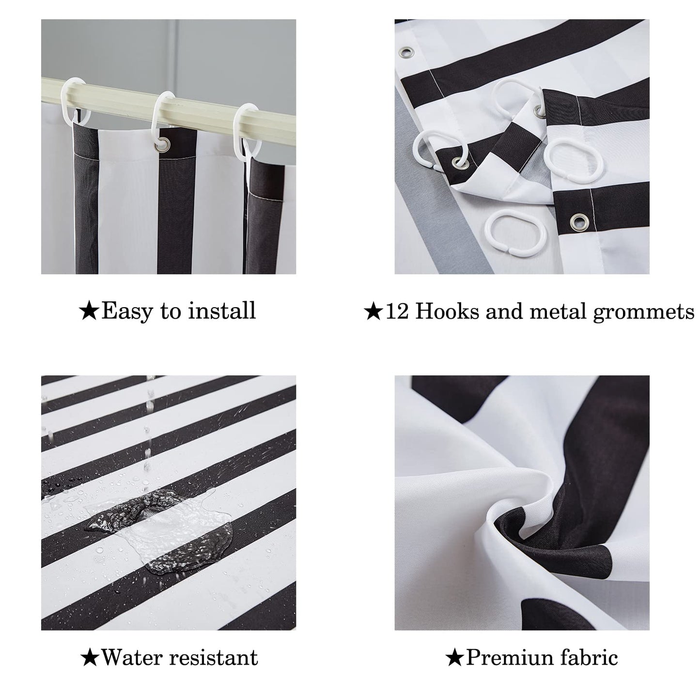 YAXI Black and White Fabric Shower Curtain for Bathroom Modern Black Striped Shower Curtain Summer Water Repellent Bath Curtains 72x72 inches with Hooks