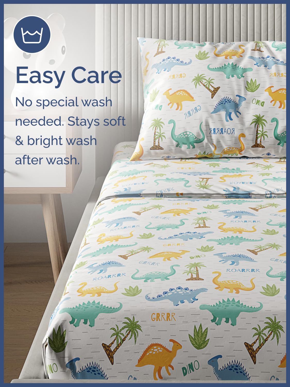 Kids Queen Size Bed Sheet Set - 4 Piece Kids Loft Bed Sheets - Colorful Dinosaur Dino Print Bedding - Soft - Breathable and Machine Washable - Dino Pattern Bed Set for Boys, Girls, Teens and Toddlers