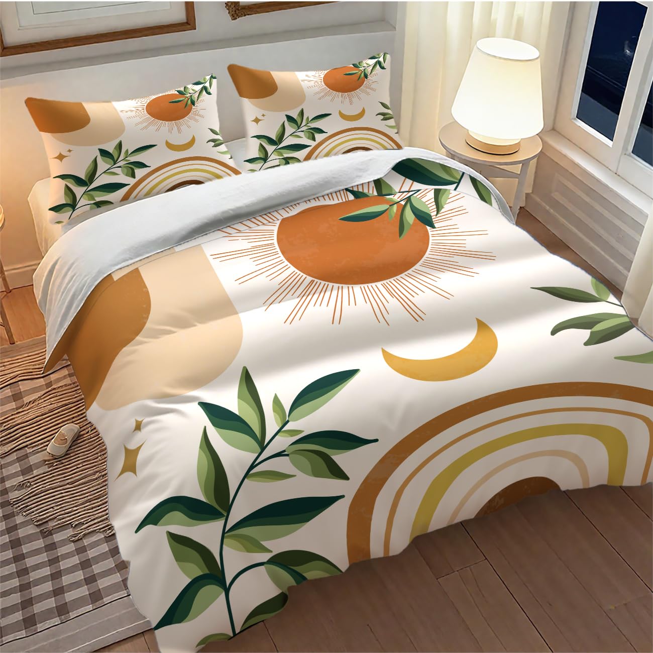 Lnepty Mid Century Leaf Bedding Set,Boho Tropical Nature Plants Modern Minimalist Comforter Set with Pillowcase for Bedroom Bed Decor，Twin 86"x70"