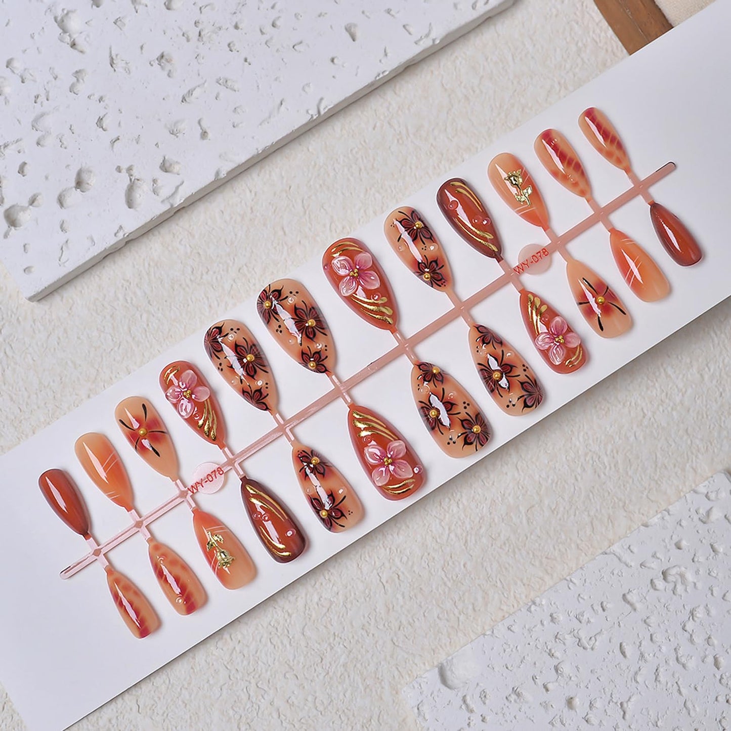 24Pcs Luxury Handmade Nails Kit 3D Flower Almond Press on Nails Medium Almond Brown with 3D Gold Beads Carved Floral Nails Designs Reusable Acrylic False Nails for Women