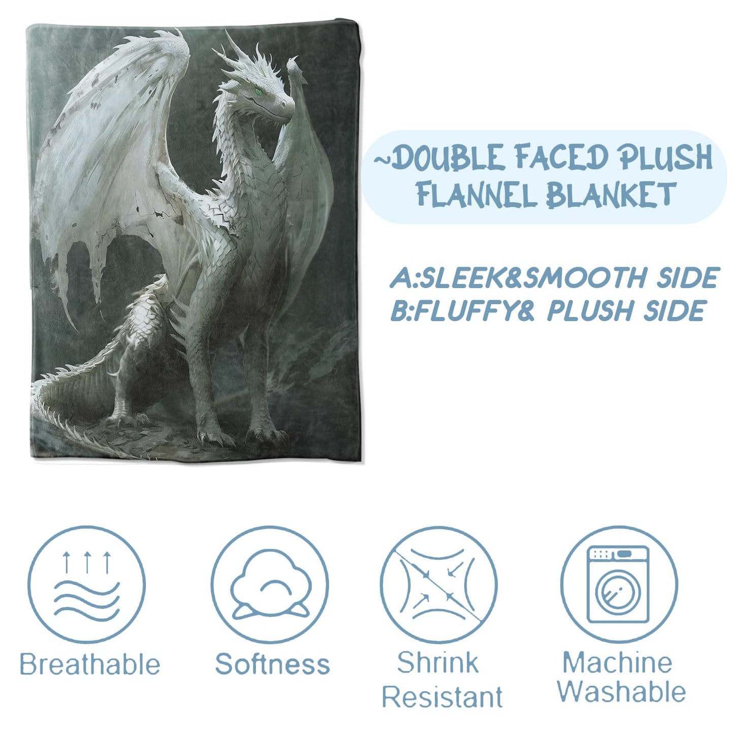 Dragon Blanket Dragon Gifts for Adults Throw Blanket,Dragon Gifts Bedding Decor Flannel Grey White Dragon Throw Blanket,Dragon Stuff Decorations Warm Soft Blanket for Bed Sofa Office 60" x 50"