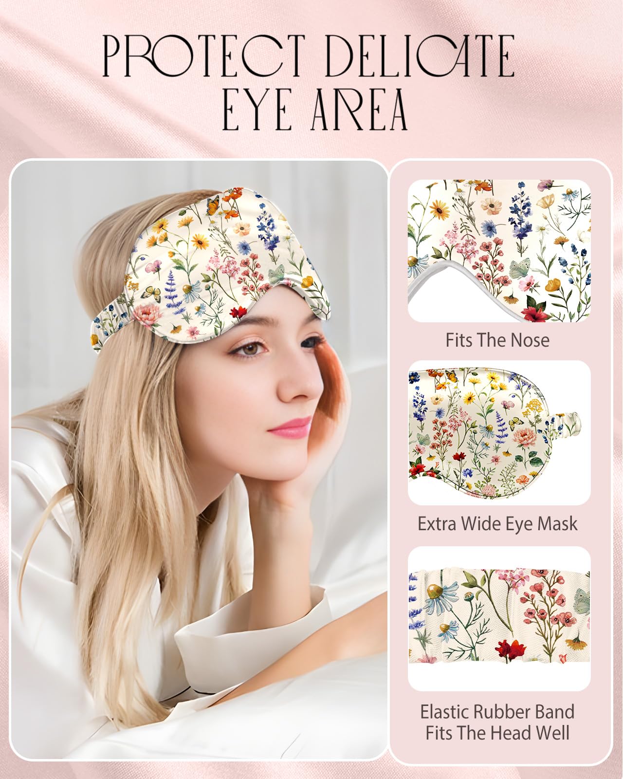 Miss Adola Mulberry Silk Pillowcase Set - 1 Pc Silk Pillowcase with Eye Mask & Scrunchie, Soft Standard 20"x26" Pillow Case for Hair and Skin, Sleeping Gift for Women, Flower Floral
