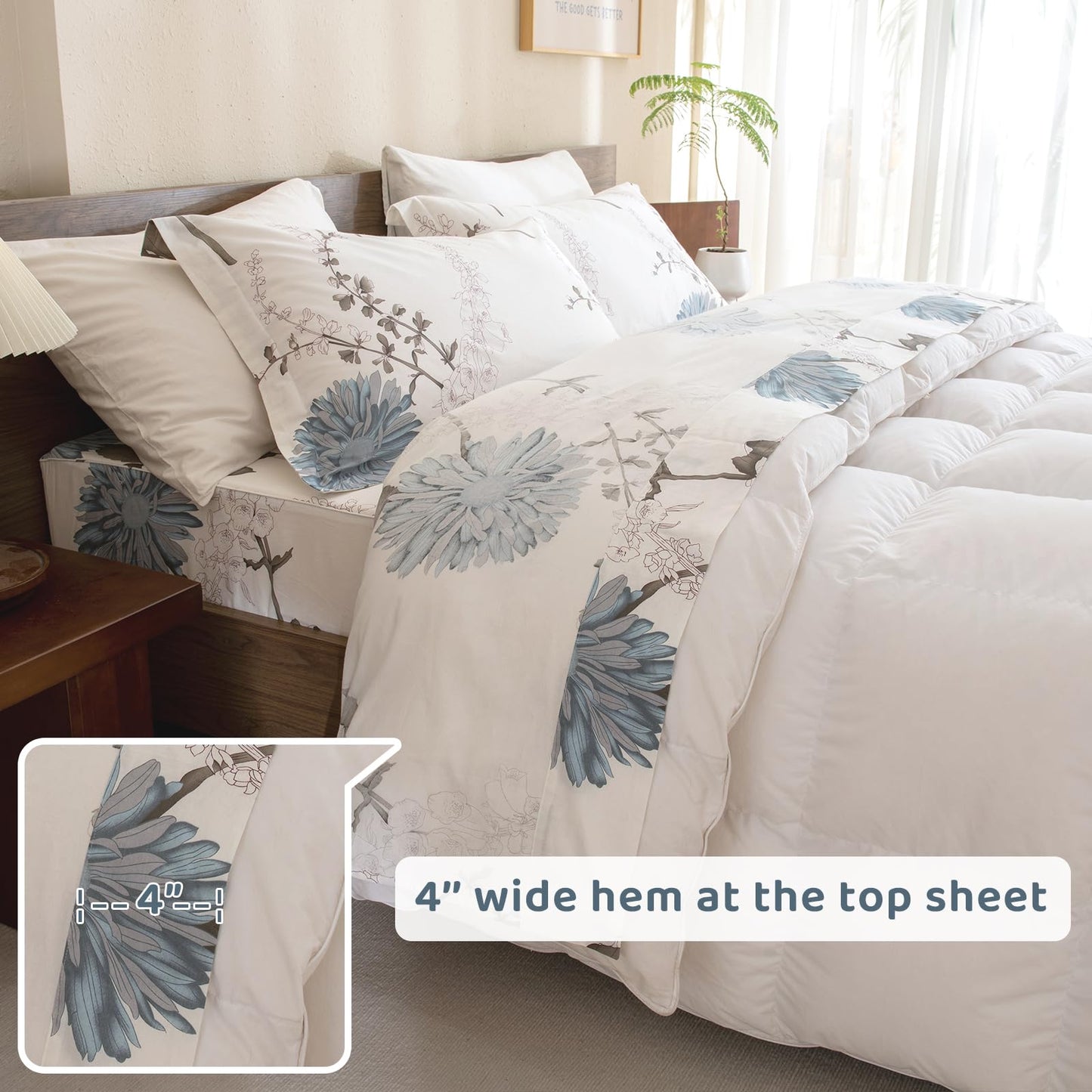 QSH 100% Cotton Sheets for Queen Size Bed, White Floral Plant Pattern Botanical Luxury Cotton Printed Floral Bedding Sheets Queen Soft and Breathable 4pcs Deep Pocket Queen Sheet Set