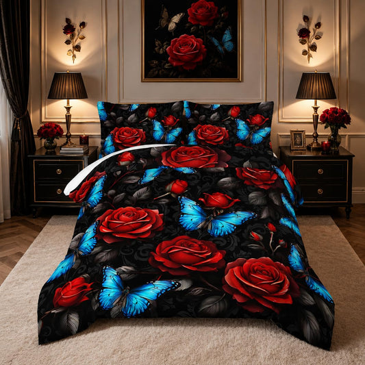 UEVBF Black Red Rose Comforter Sets,Blue Butterfly Comforter Set Twin Bedding Sets for Girls Women Bedroom Decor,Romantic Floral Themed Bedding Soft Lightweight Comforter Sets with 2 Pillowcases.