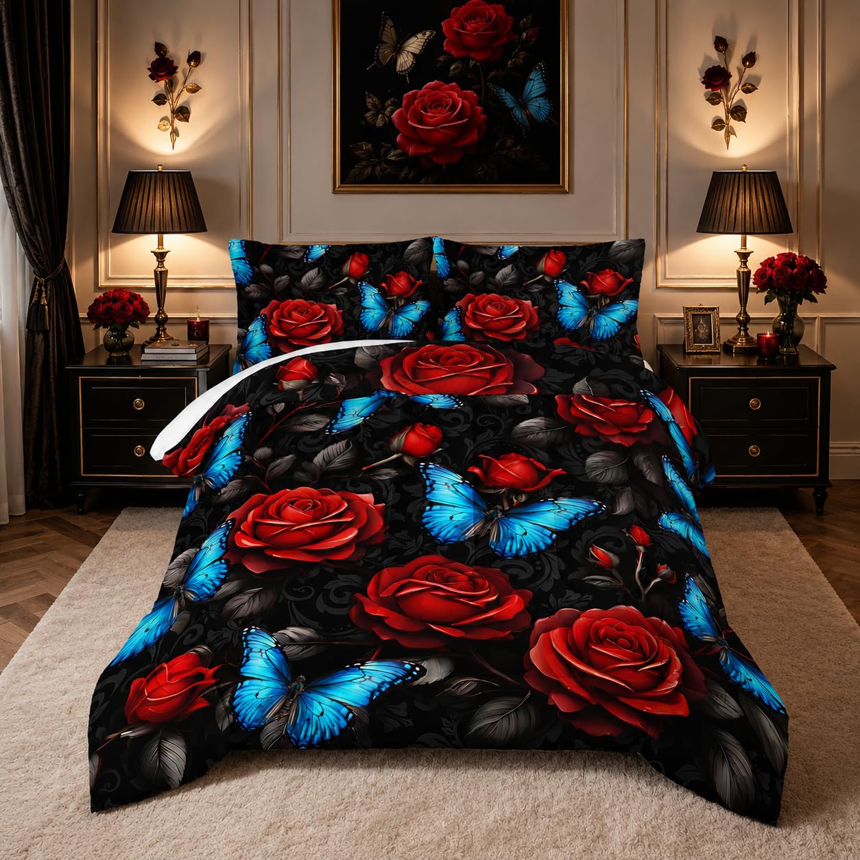 UEVBF Black Red Rose Comforter Sets,Blue Butterfly Comforter Set Queen Bedding Sets for Girls Women Bedroom Decor,Romantic Floral Themed Bedding Soft Lightweight Comforter Sets with 2 Pillowcases.