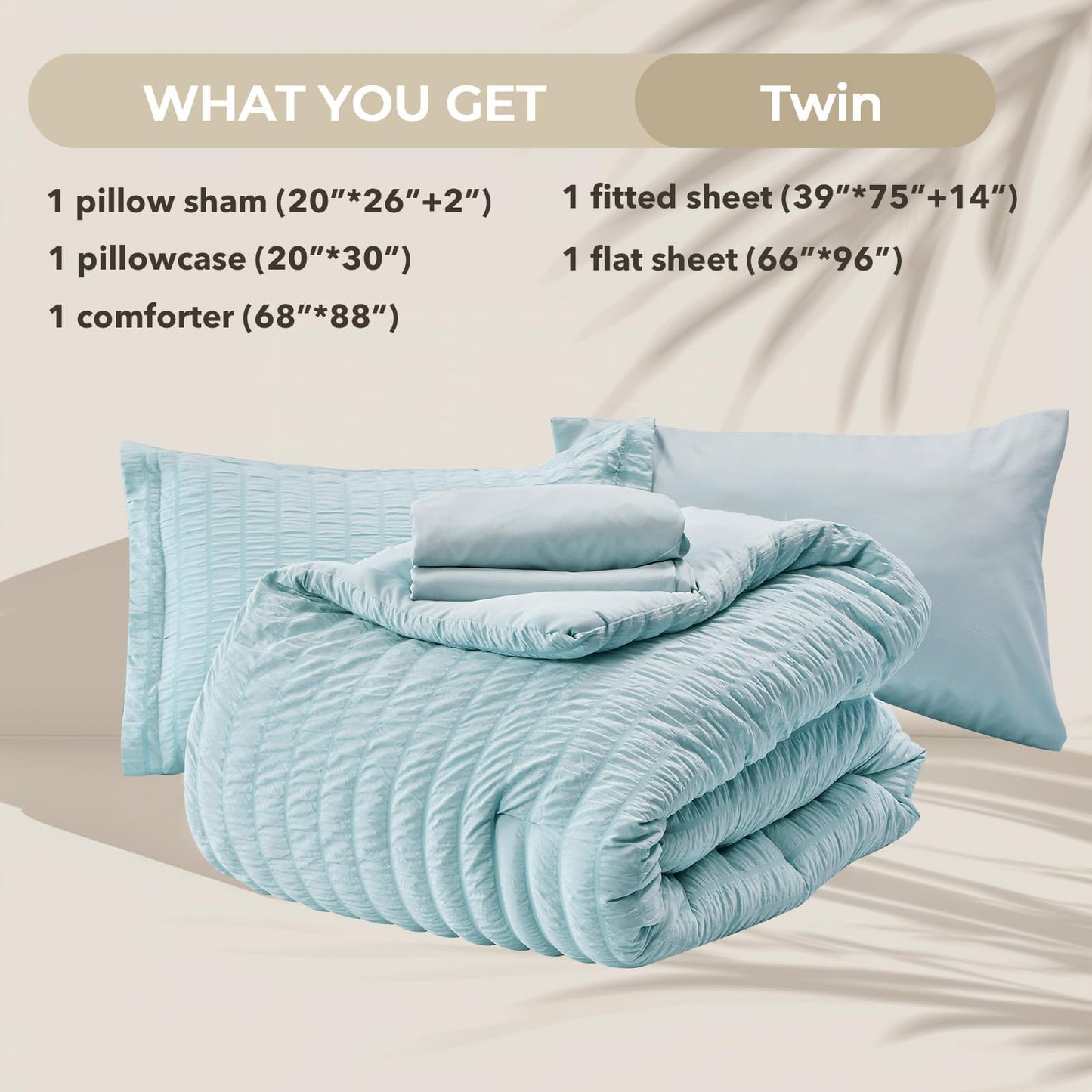 HYMOKEGE Lake Blue Twin Comforter Set Seersucker 5 Pieces, All Season Luxury Bed in a Bag for Bedroom, Bedding Set with Comforters, Sheets, Pillowcase & Shams