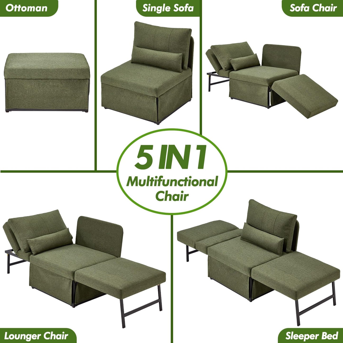 ZZW Sleeper Chair Bed Upgrade 4-in-1 to 5-in-1 Convertible Multi-fuction Sofa Chair w/Adjustable Backrest Assembly-Free Linen Folding Sofa Ottoman Bed for Living Room Apartment (Deep Green)