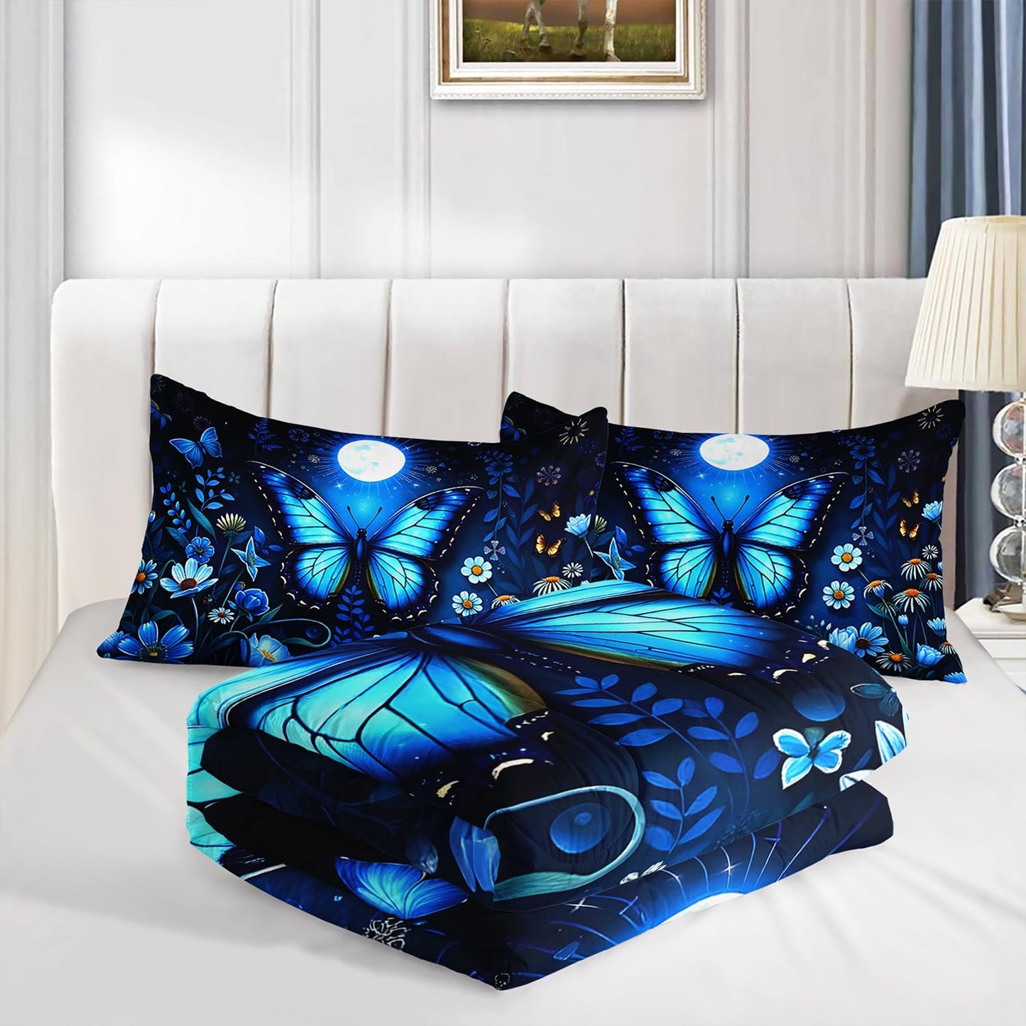 XYNHML Blue Butterfly Themed Comforter 3Pcs Twin Romantic Flower Butterflies Bedding Set for Kid Teen Girl Boy Adult Aesthetics Moonlight Floral Quilt Bed Decor with 1 Comforter and 2 Pillowcases