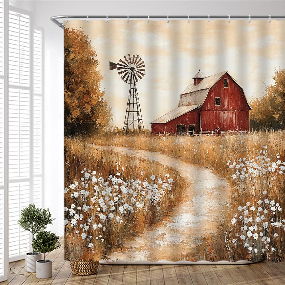 PZMPZM Rustic Barn Windmill Shower Curtain Vintage Western Farm Barn Flower Farmhouse Country Nature Scenery Bathroom Polyester Fabric Curtains with Hooks 70Wx70H Inch