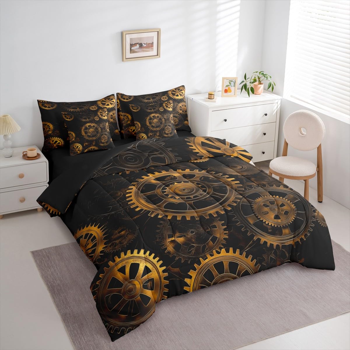Erosebridal Golden Ndustrial Gear Full Comforter Set, Steampunk Style 7-Piece Bed in A Bag, Clocks Theme Sheets and Pillowcases, Retro Mechanical Device Kids Adult Bed Sets